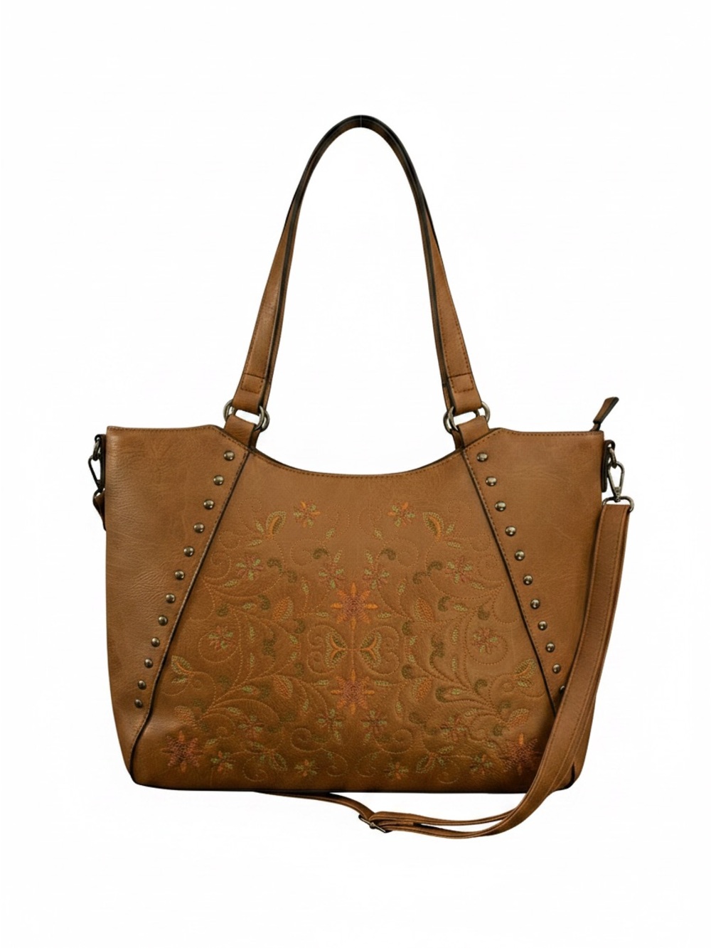 Brown Embroidered Floral Shoulder Tote Bag